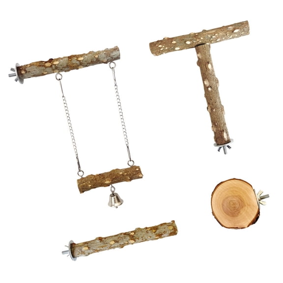 4PCS Natural Wood Perch Set with Swing, Platform & Chew for Climbing, Exercise & Cage Enrichment