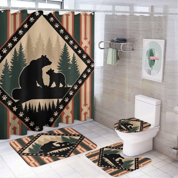 4PCS Nature Brown Bear River Mist Woodland Shower Curtain Set 72W X 72L, Rustic Pine Tree Mountain Print Bathroom Decor, Toilet Lid Cover Non-Slip Rugs and U-Shaped Mat Set 12 Hooks
