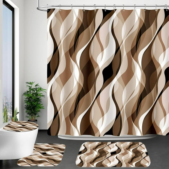 4PCS Navy Blue Bathroom Sets with Shower Curtain and Rugs, Abstract Striped Shower Curtain Sets with Rugs, Modern Luxury Bathroom Curtains Shower Set Accessories