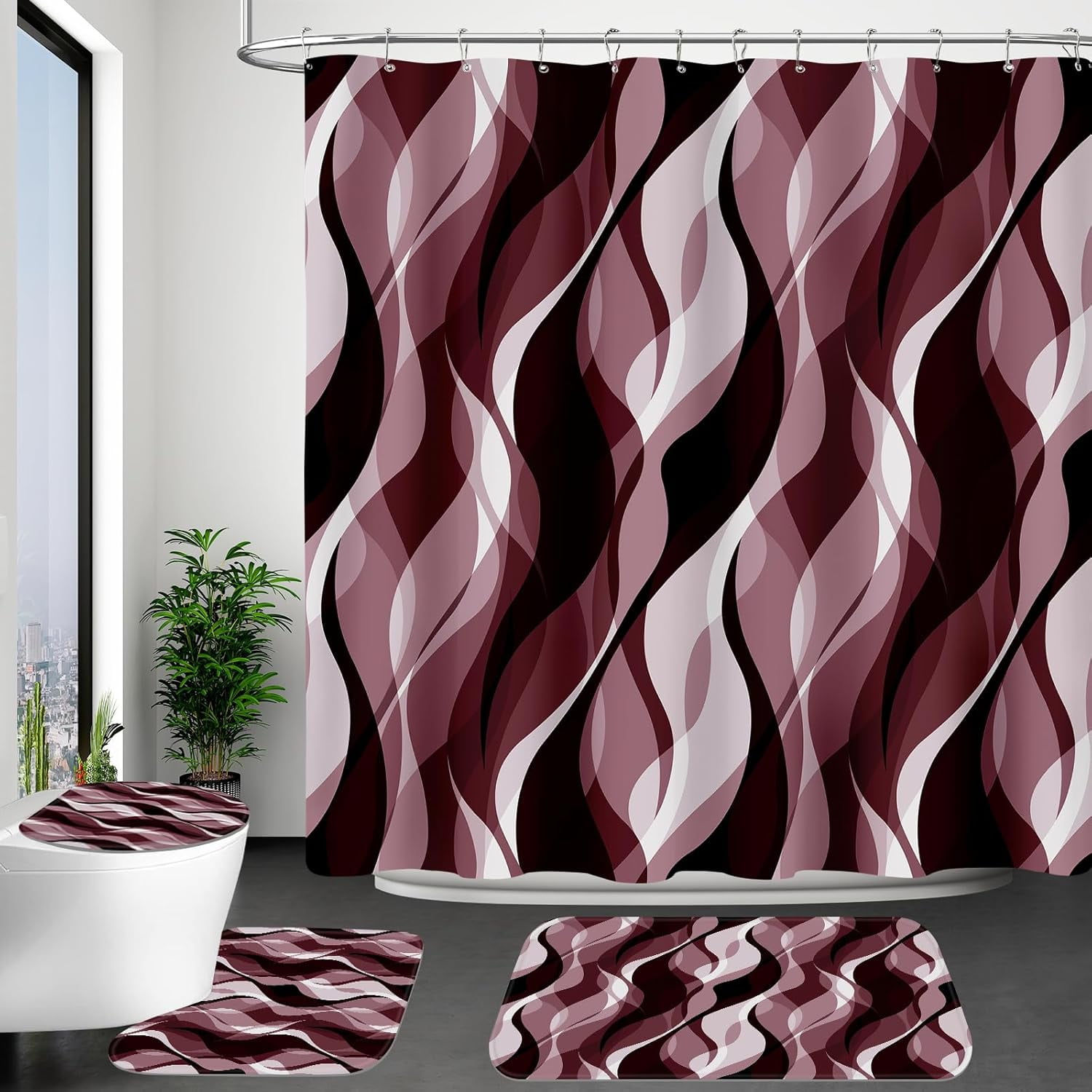 4PCS Navy Blue Bathroom Sets with Shower Curtain and Rugs, Abstract Striped Shower Curtain Sets with Rugs, Modern Luxury Bathroom Curtains Shower Set Accessories