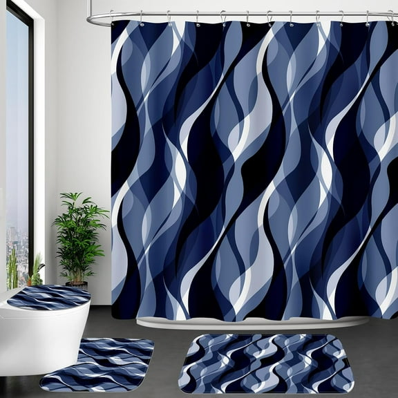 4PCS Navy Blue Bathroom Sets with Shower Curtain and Rugs, Abstract Striped Shower Curtain Sets with Rugs, Modern Luxury Bathroom Curtains Shower Set Accessories