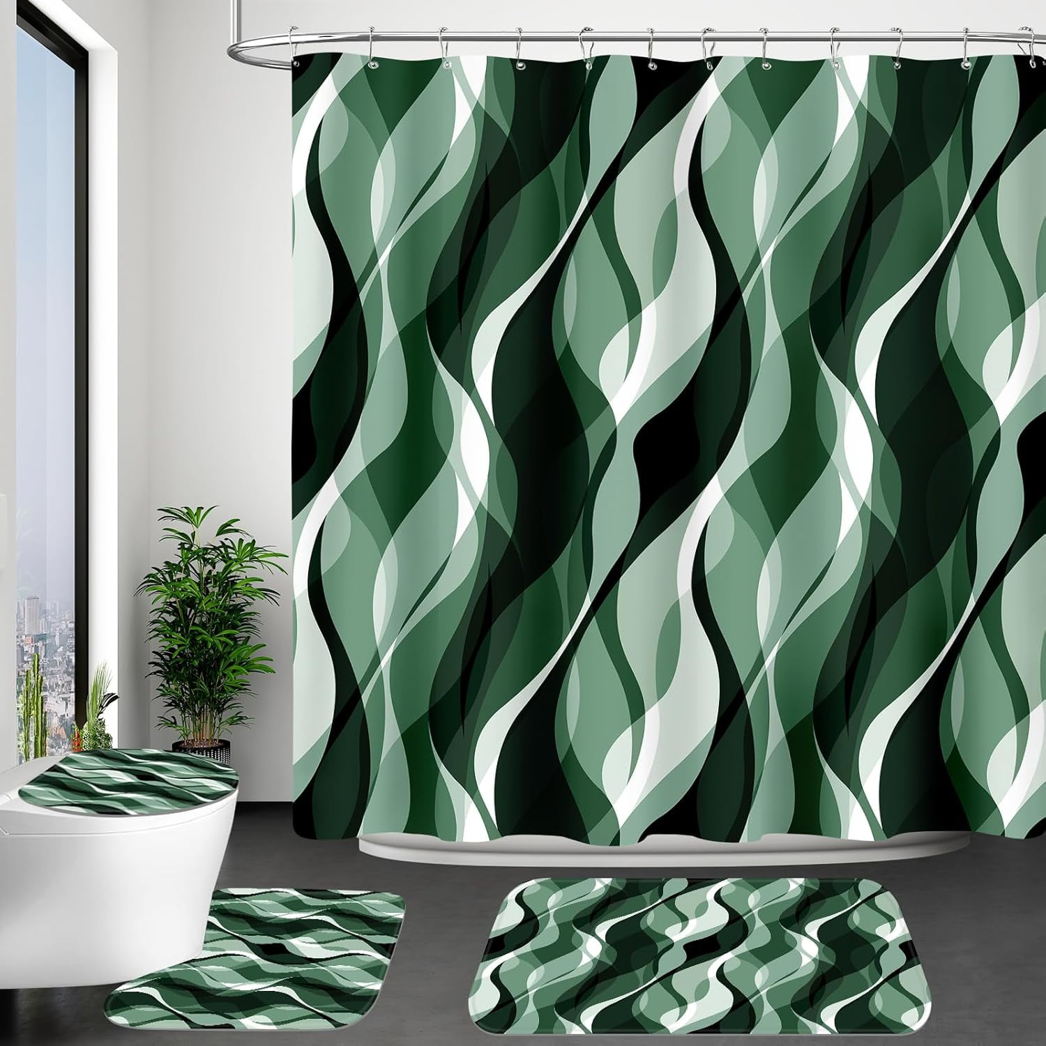 4PCS Navy Blue Bathroom Sets with Shower Curtain and Rugs, Abstract Striped Shower Curtain Sets with Rugs, Modern Luxury Bathroom Curtains Shower Set Accessories