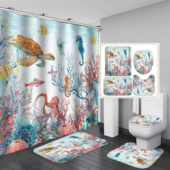 4PCS Navy Blue Sea Turtle Shower Curtain Sets with Rugs, Waterproof White Fabric Shower Curtain, Underwater Ocean Marine Watercolor Coral Reef Sea Plant Beach Coastal Nautical Bathroom Decor