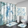thumbnail image 1 of 4PCS Navy Blue Sea Turtle Shower Curtain Sets with Rugs, Waterproof White Fabric Shower Curtain, Underwater Ocean Marine Watercolor Coral Reef Sea Plant Beach Coastal Nautical Bathroom Decor, 1 of 7