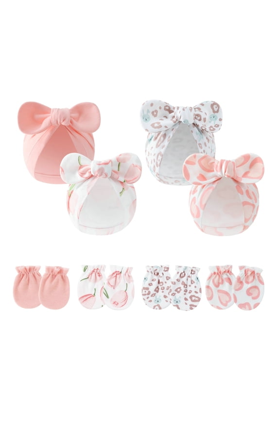 4PCS Newborn Baby Hospital Hats Beanie Bow Infant Caps Cotton Preemie Hats No Scratch Mittens Set for 0-1 Years Old