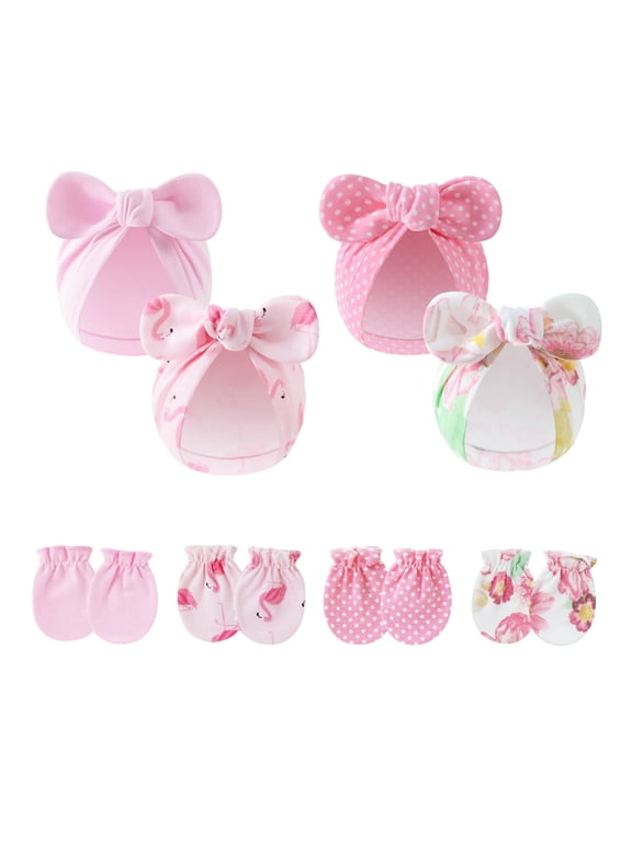 4PCS Newborn Baby Hospital Hats Beanie Bow Infant Caps Cotton Preemie Hats No Scratch Mittens Set for 0-1 Years Old