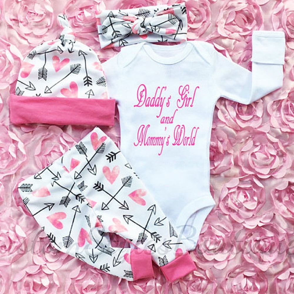 4PCS Newborn Infant Baby Girls Outfits Clothes Tops Romper Bodysuit+Pants Leggings+Hat+Headband Set 0-6 Months