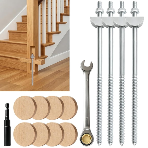 4PCS Newel Post Mounting Kit, Heavy Duty Hidden Newel Post Fastener with Rail Bolt Wrench, Installation Kit Staircase Newel Posts for Wooden Stair Railing, Deck Baluster