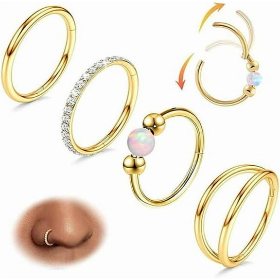 4PCS Nose Ring Hoop for Women Men Hinged Double Nose Hoop CZ Opal Clicker Septum Ring 18G Surgical Steel Cartilage Conch Tragus Rook Daith Piercing Jewelry Gold Silver 8/10MM