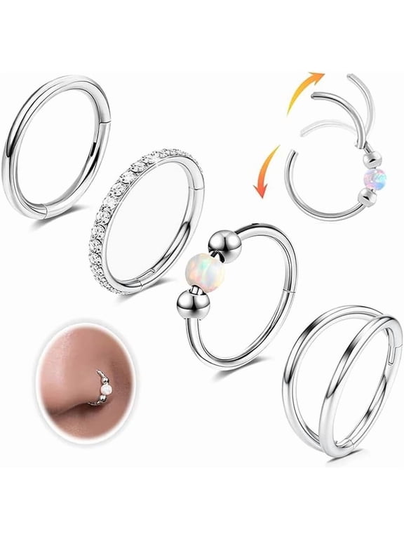 4PCS Nose Ring Hoop for Women Men Hinged Double Nose Hoop CZ Opal Clicker Septum Ring 18G Surgical Steel Cartilage Conch Tragus Rook Daith Piercing Jewelry Gold Silver 8/10MM