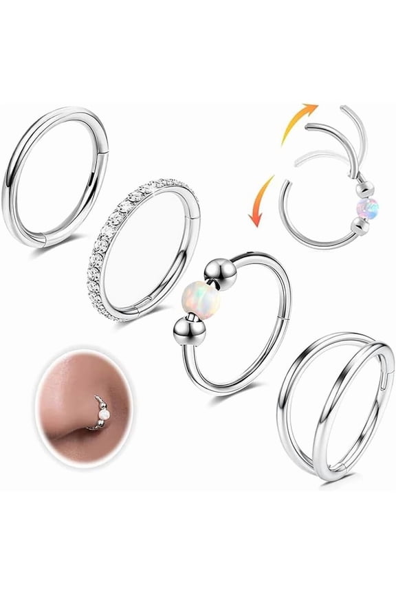 4PCS Nose Ring Hoop for Women Men Hinged Double Nose Hoop CZ Opal Clicker Septum Ring 18G Surgical Steel Cartilage Conch Tragus Rook Daith Piercing Jewelry Gold Silver 8/10MM