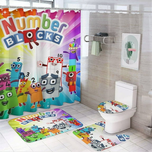 4PCS Number Block Shower Curtain Sets Bathroom Sets with Shower Curtain Toilet Lid Rug Contour Mat and Bath Mat