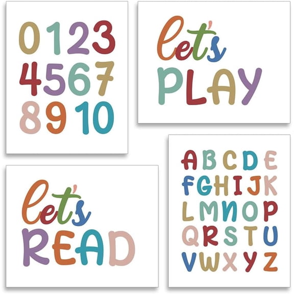 4PCS Numbers and Letters Wall Prints Vintage Wall Art Posters Wall Posters Prints for Walls Let's read Let's play Art Posters for Living Room Artwork Aesthetic Posters Unframed 28x35cm Colorful DIY