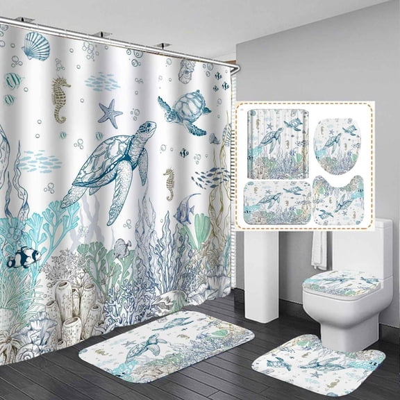 4PCS Ocean Animals Shower Curtain Sets With Rugs, Waterproof Fabric Shower Curtain, Underwater World Whale Dolphin Jellyfish Sea Turtle Octopus Seahorse Tropical Fish Coral Kids Bathroom Decor