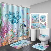 4PCS Ocean Animals Shower Curtain Sets With Rugs, Waterproof Fabric Shower Curtain, Underwater World Whale Dolphin Jellyfish Sea Turtle Octopus Seahorse Tropical Fish Coral Kids Bathroom Decor