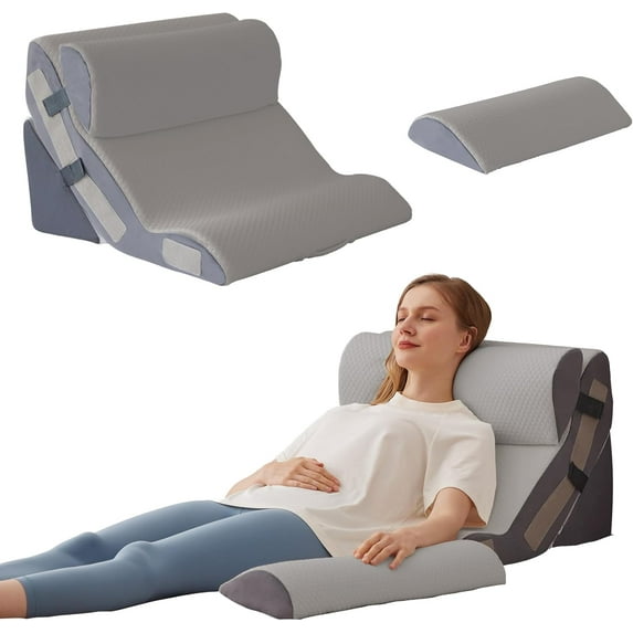 4PCS Orthopedic Bed Wedge Pillow Set for Sleeping, Sitting up in Bed, 6-in-1 Foam Wedge Pillow for Acid Reflux & Back Pain Relief & Leg Elevation, Post Surgery Pillows for GERD & Snoring, Grey