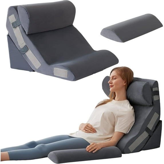 4PCS Orthopedic Bed Wedge Pillow Set for Sleeping, Sitting up in Bed, 6-in-1 Foam Wedge Pillow for Acid Reflux & Back Pain Relief, Post Surgery Pillows for GERD & Snoring, Plush Grey