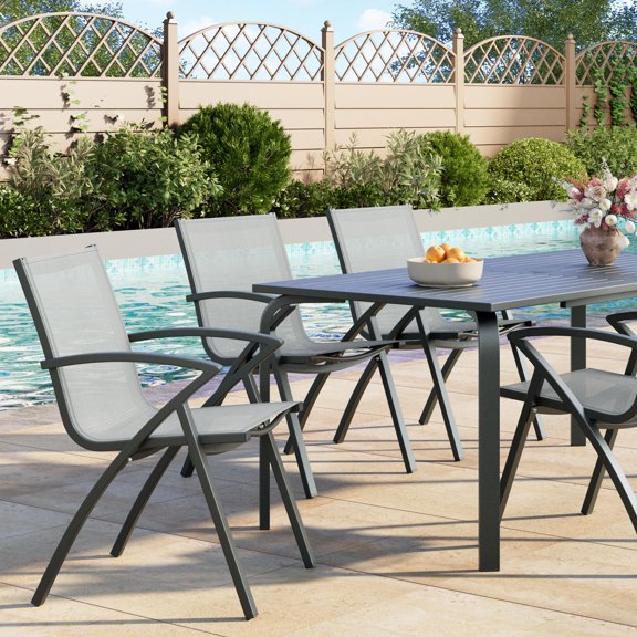 4PCS Outdoor Dining Chairs, Aluminum Frame with Quick-Dry Textilene Fabric - Weather-Resistant, Rust-Proof Gray for Patio, Poolside, Garden, Restaurant - Ergonomic Comfort Design