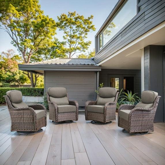 4PCS Outdoor Rattan Swivel Rocking Chairs Patio Wicker Rocker Gliders with 6" Thick Cushions, Gray
