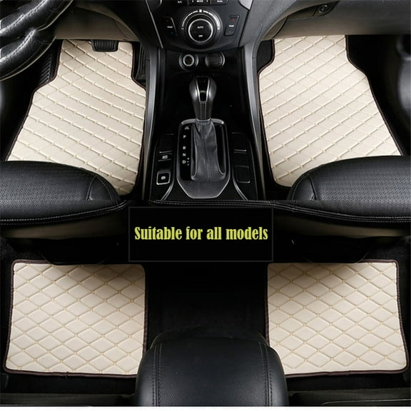 4PCS PU Leather Black+Beige Line Car Floor Mat Carpet For 5-seats Car Waterproof