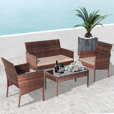 Seizeen 4 Piece Rattan Outdoor Patio Bar Set, Brown