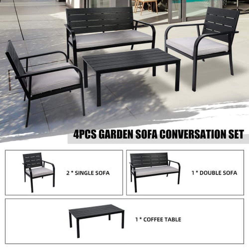 4PCS Patio Furniture Set,All Weather Garden Sofa Set,Including 2 Patio Chairs ,Loveseat and Coffee Table,Wood Grain PE Steel Frame Sectional Sofa Set with Zippered Cushions,for Backyard Balcony Lawn - image 1 of 7