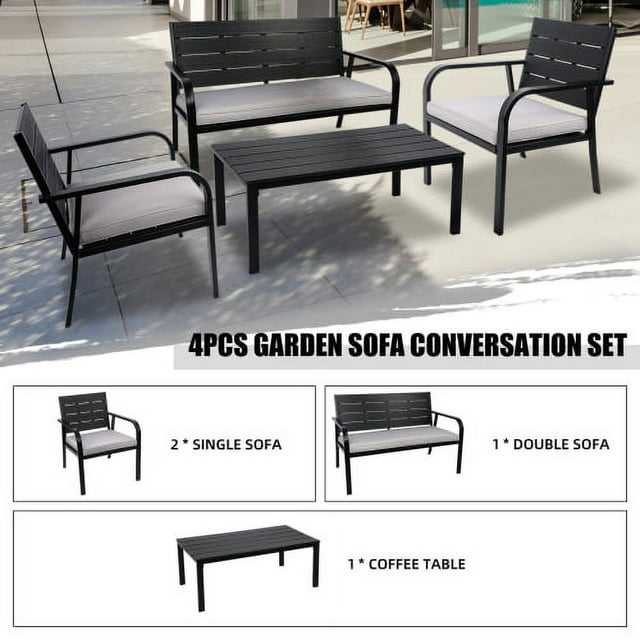 4PCS Patio Furniture Set,All Weather Garden Sofa Set,Including 2 Patio Chairs ,Loveseat and Coffee Table,Wood Grain PE Steel Frame Sectional Sofa Set with Zippered Cushions,for Backyard Balcony Lawn