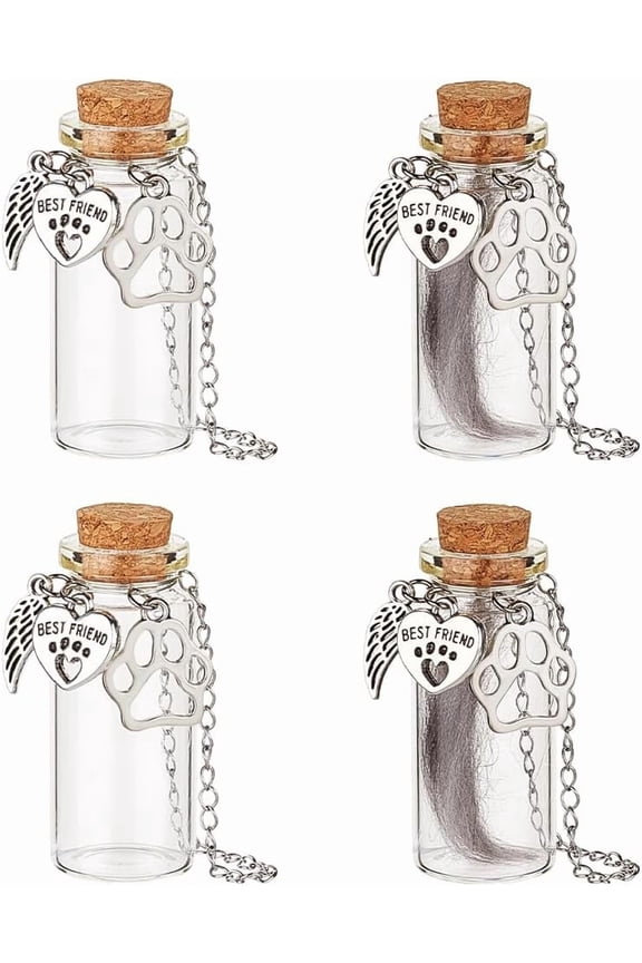 4PCS Pet Fur Memorial Jar Pets Hair Storage Glass Bottle with Heart Paw Pendants and Cork Stopper Dog Cat Keepsake Memorial Urn for Pet Ashes Hair Loss of Cat Sympathy Gift
