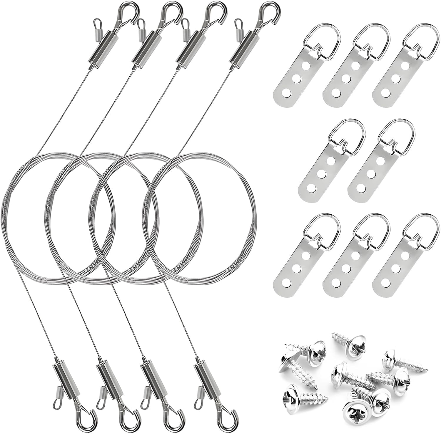 4PCS Picture Hanging Wire Kit, 6.56ft Adjustable Picture Hanging Wire, 3-Hole D Rings Picture Hangers with Screws, 50lbs Heavy Duty for Mirrors, Frames, Canvas Paintings