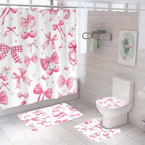 4PCS Pink Bow Shower Curtain Sets With Rugs, Preppy Shower Curtain, Waterproof Fabric White Shower Curtain Checkered Coquette Princess Cute Coquette Bowknot Aesthetic Teen Girls Bathroom Decor