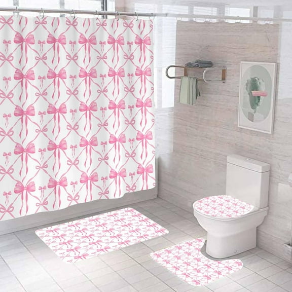 4PCS Pink Bow Shower Curtain Sets With Rugs, Preppy Shower Curtain, Waterproof Fabric White Shower Curtain Checkered Coquette Princess Cute Coquette Bowknot Aesthetic Teen Girls Bathroom Decor