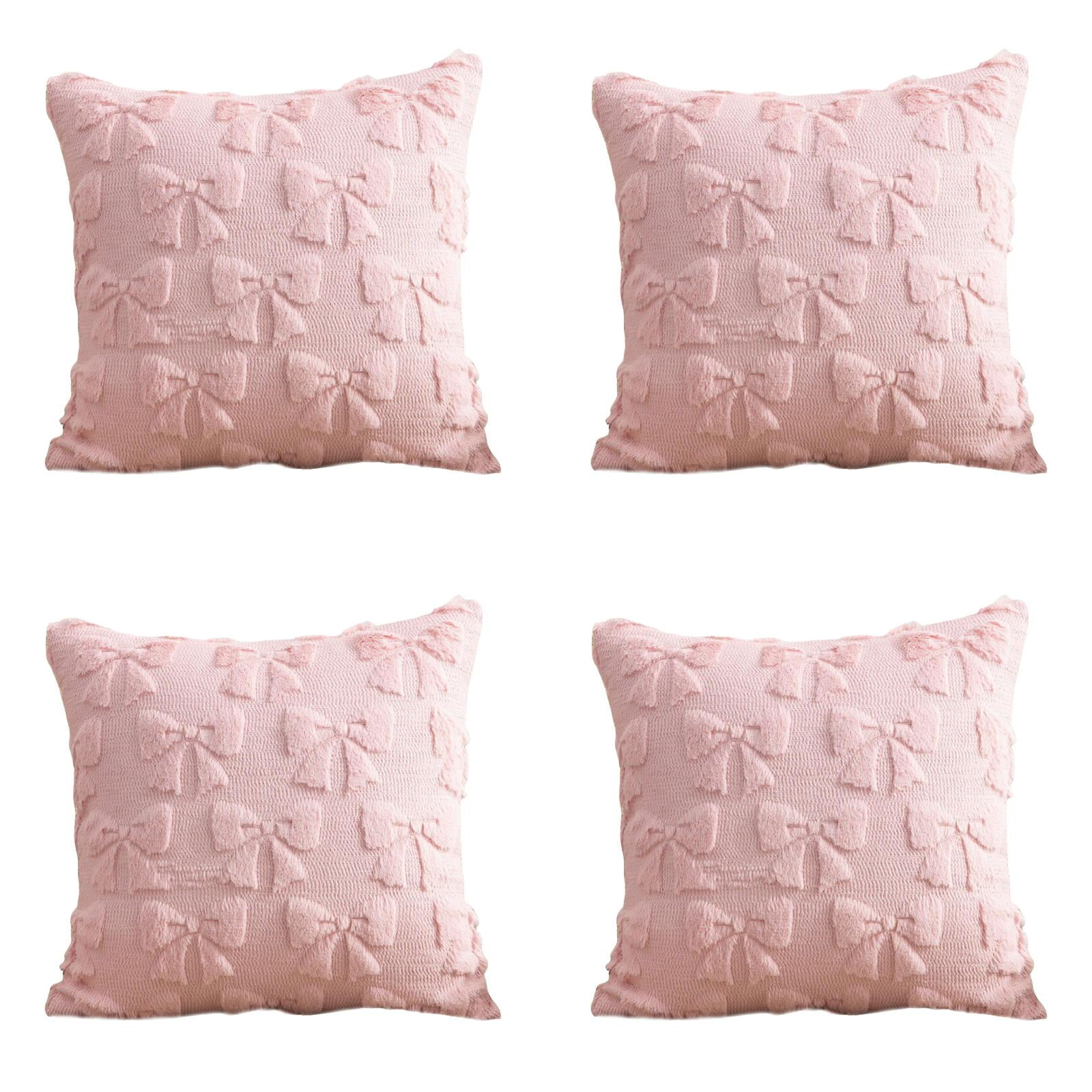 4PCS Pink Bow Throw Pillow Covers - 18 Inch Decorative Pillow Covers, Soft Plush Fluffy Bowknot Couch Pillows for Bedroom Living Room Sofa Decor