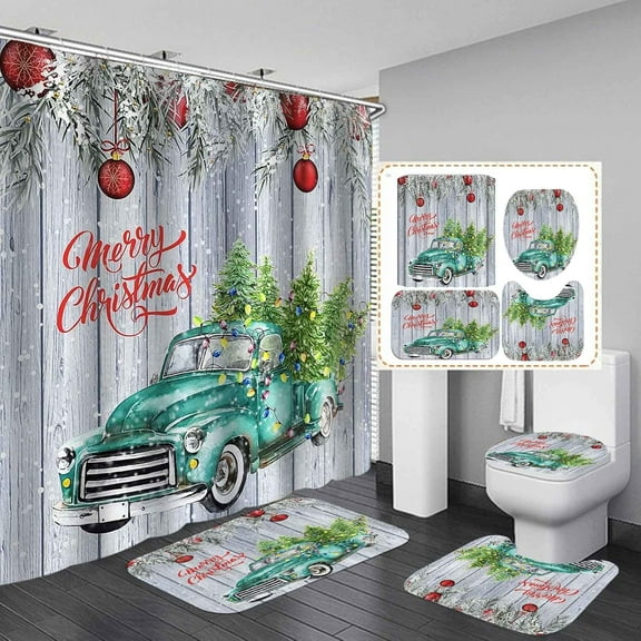 4PCS Pink Flamingo Shower Curtain Set, Palm Leaves Tropical Plant Merry Christmas Bathroom Decor, Waterproof Fabric White Shower Curtain, Non-Slip Bath Mat Toilet Rug, Flamingo Gifts