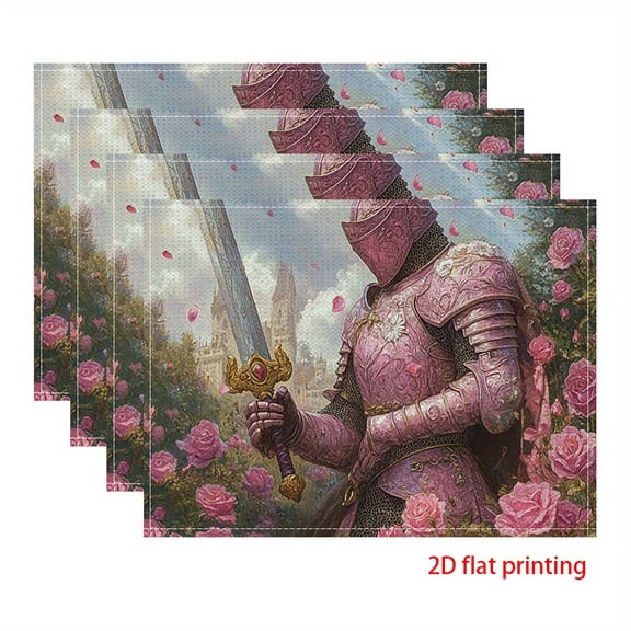 4PCS Pink Knight and Sword Floral Pattern Placemat Durable Machine Washable Mat, Suitable for Banquet Table Decoration Medieval Fantasy Theme Kitchen Home Decor, Exquisite Printing Details 12x18inch