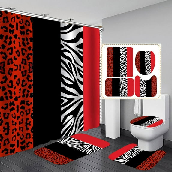 4PCS Pink Leopard Print Shower Curtain Set with Rugs, Toilet Lid Cover ...