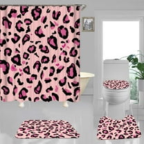4PCS Pink Leopard Print Shower Curtain Sets with Rugs, Cheetah Print Shower Curtain, Waterproof Fabric Pink Shower Curtain, Safari Wildlife Wild Animal Skin Modern Teen Girls Bathroom Decor