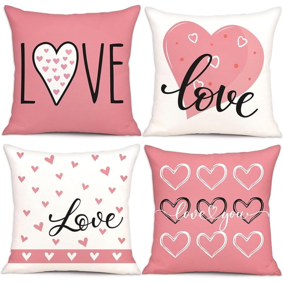 4PCS Pink Valentine’s Day Throw Pillow Case Decorations - Valentine Linen Cushion Cover 18 x 18 Inches Heart Love Gift Decor for Sofa Couch