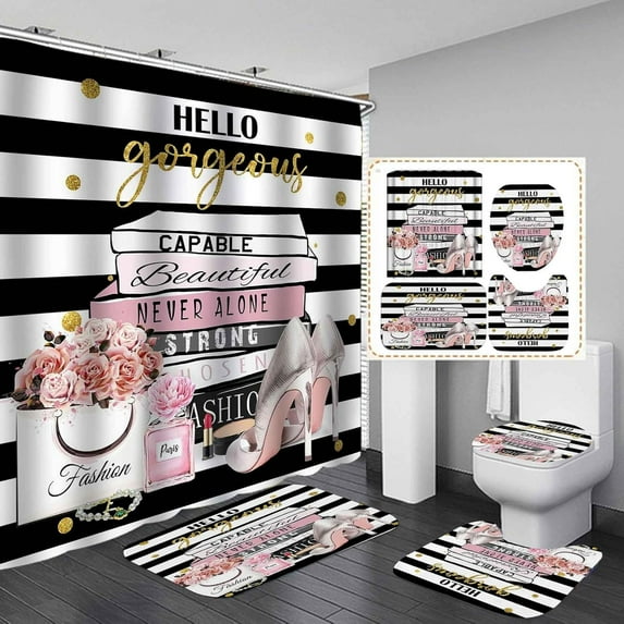 4PCS Pink and White Striped Shower Curtain Sets with Rugs, Waterproof Fabric Shower Curtain, Inspirational Quotes Magazines Pink Peony Floral Perfume Makeup Modern Fashion Woman Bathroom Decor
