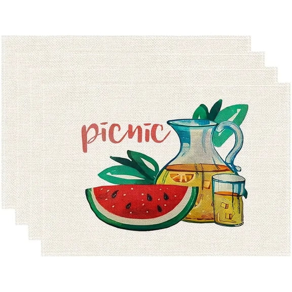 4PCS Place Mat Happy Summer Tablemats Heat Resistant Washable Place Mats Non-Slip Stain Resistant Pad Cotton Linen Dinner Mats Home Kitchen Restaurant Party Decoration