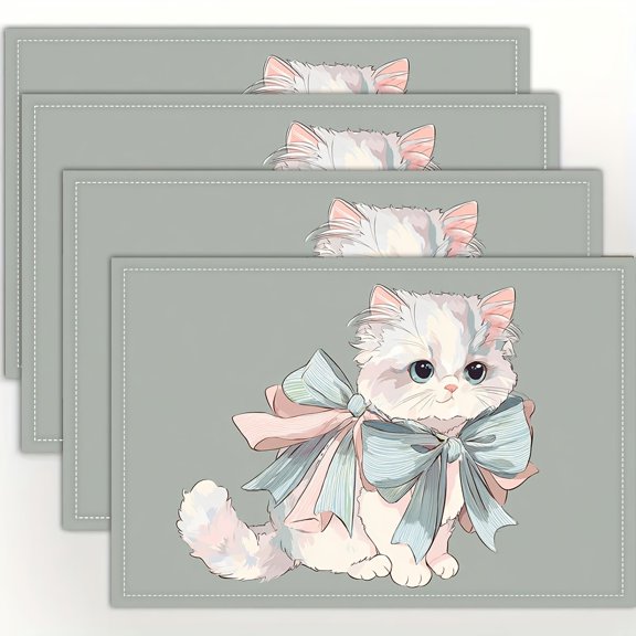 4PCS Placemats, Charming Cat with Bows, Kawaii Kitty with Ribbon, Delightful Pastel Cat Artwork Placemats,for Dining Table, Kitchen, Party, Indoor, Holiday, Dinner Parties And Home Decor