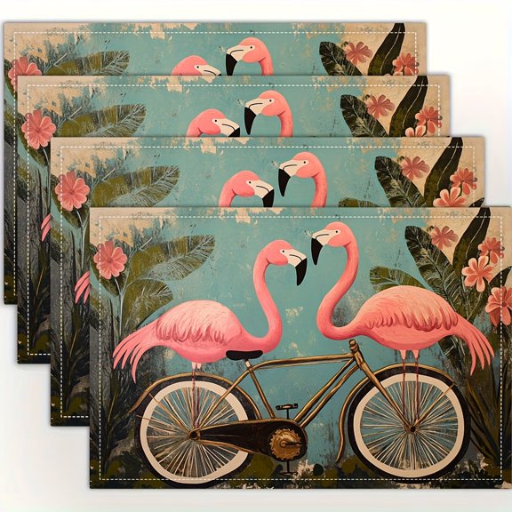 4PCS Placemats Featuring a 2D Design of Pink Flamingos Riding a Tandem Bicycle, for Dining Table, Kitchen, Party, Indoor, Holiday, Dinner Parties And Home Decor (Table Mats) 12X18 Inch