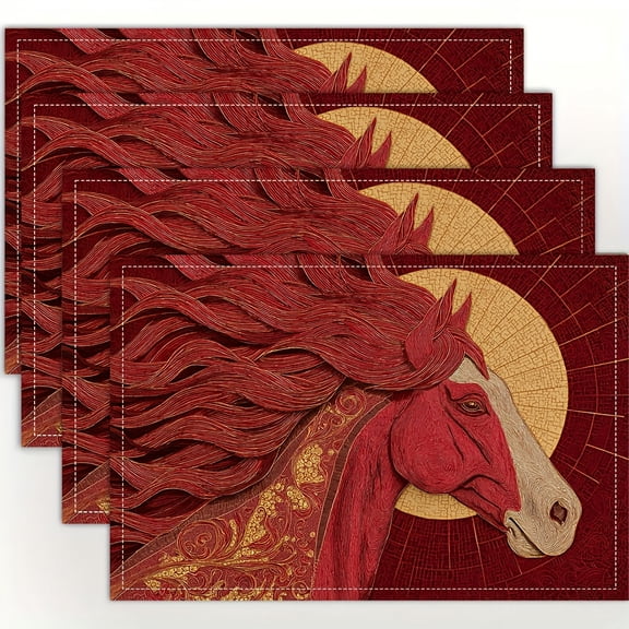4PCS Placemats,Featuring Traditional Chinese Zodiac Designs with Red And Golden Horse Artwork,for Dining Table, Kitchen, Party, Indoor, Holiday, Dinner Parties And Home Decor (Table Mats) 12X18 Inch