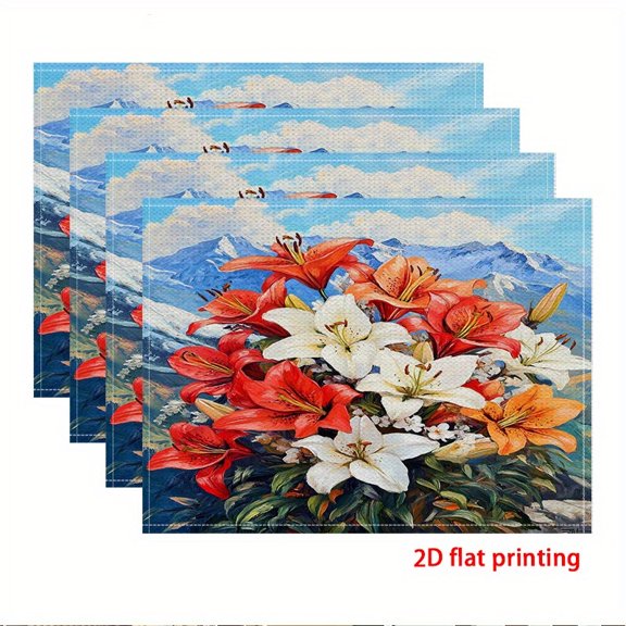 4PCS Placemats,Featuring Vibrant Lilies Against Grand Mountains Theme placemats,for Dining Table, Kitchen, Party, Indoor, Holiday, Dinner Parties And Home Decor (Table Mats) 12X18 Inch