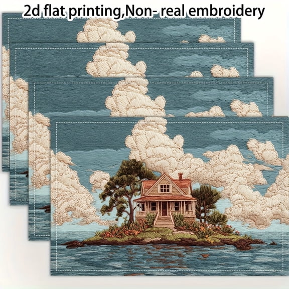 4PCS, These Placemats Showcase a Serene Coastal Lake House Design with Stylish Patterns, for Dining Table, Kitchen, Party, Indoor, Holiday, Dinner Parties And Home Decor (Table Mats) 12X18 Inch