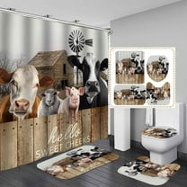 4PCS Plant Highland Cow Shower Curtain Sets with Rugs, Waterproof White Fabric Shower Curtain, Farm Animal Bull Cattle Western Rustic Farmhouse Green Eucalyptus Leaf Botanical Bathroom Decor