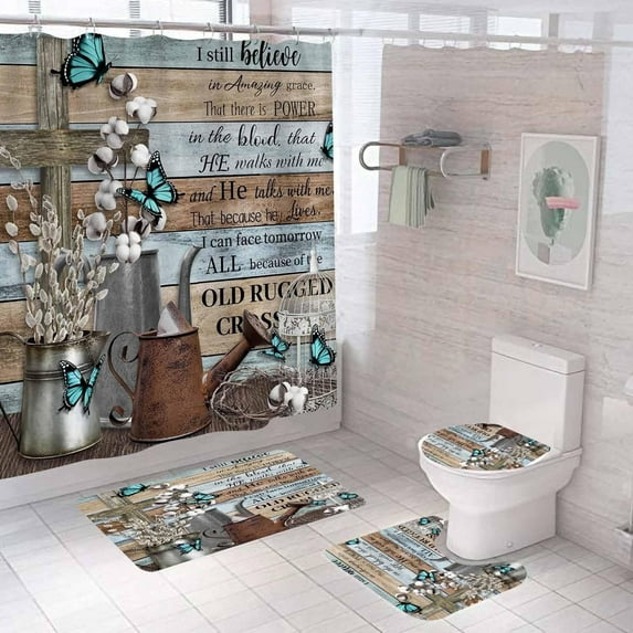 4PCS Plant Inspirational Quotes Shower Curtain Sets with Rugs, Waterproof Fabric Black Shower Curtain, Gold Palm Leaves Banana Monstera Leaf Tropical Botanical Motivational Word Bathroom Decor