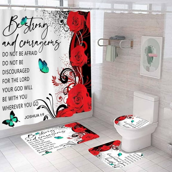 4PCS Plant Inspirational Quotes Shower Curtain Sets with Rugs, Waterproof Fabric Black Shower Curtain, Gold Palm Leaves Banana Monstera Leaf Tropical Botanical Motivational Word Bathroom Decor