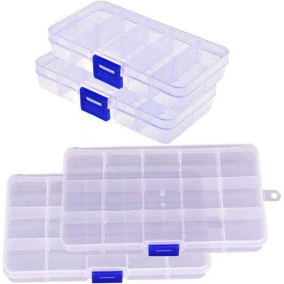 4PCS Plastic Tray, 2x10 2x15 Grids Bead Organizer With Movable Dividers Storage- Adjustable Clear Compartment Plastic Organizer-Travel Organizer Box, Jewlery, Rings