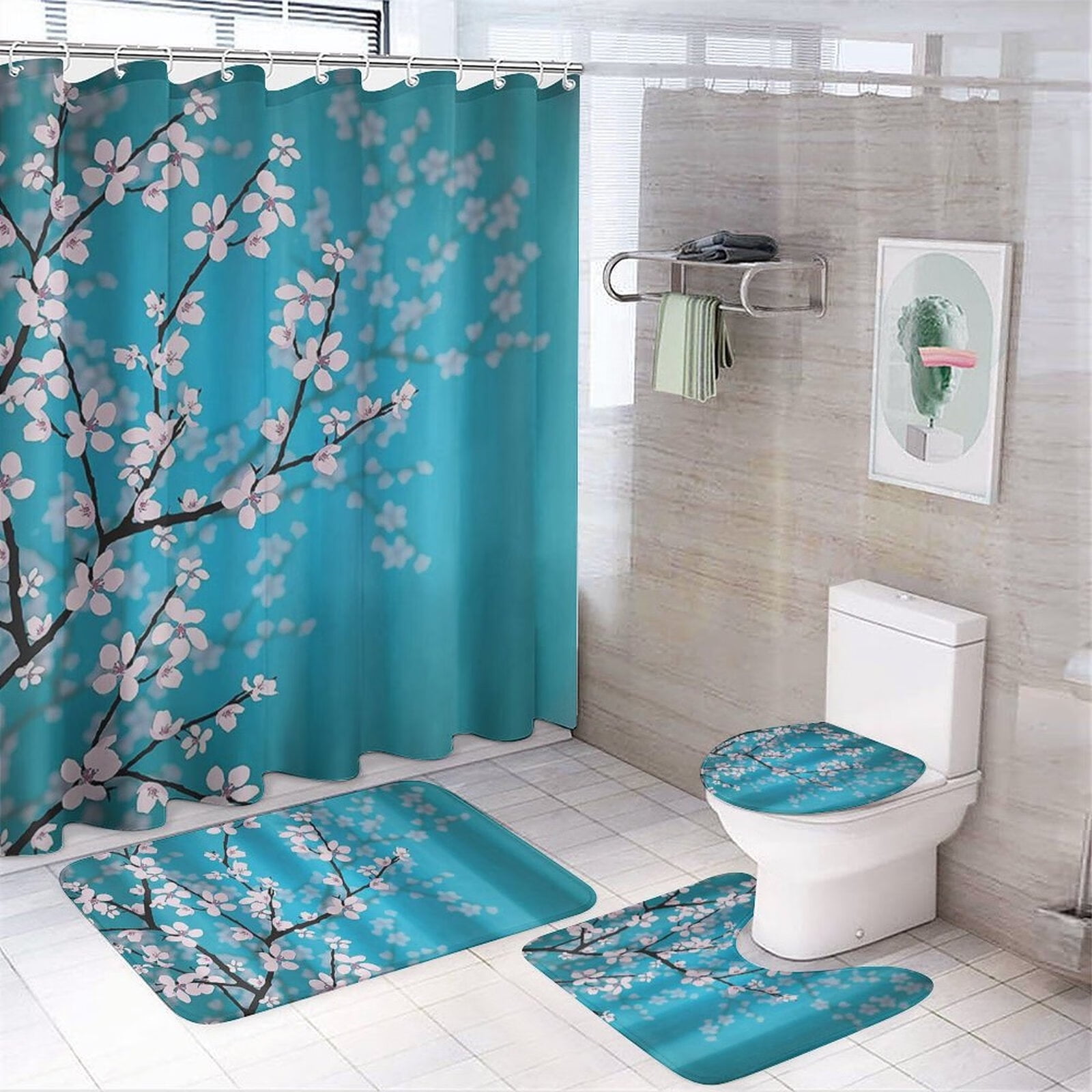 Elegant Modern Floral 4PCS Bathroom Set: Shower Curtain, Non-Slip Rugs, Toilet Lid Cover, Bath ...