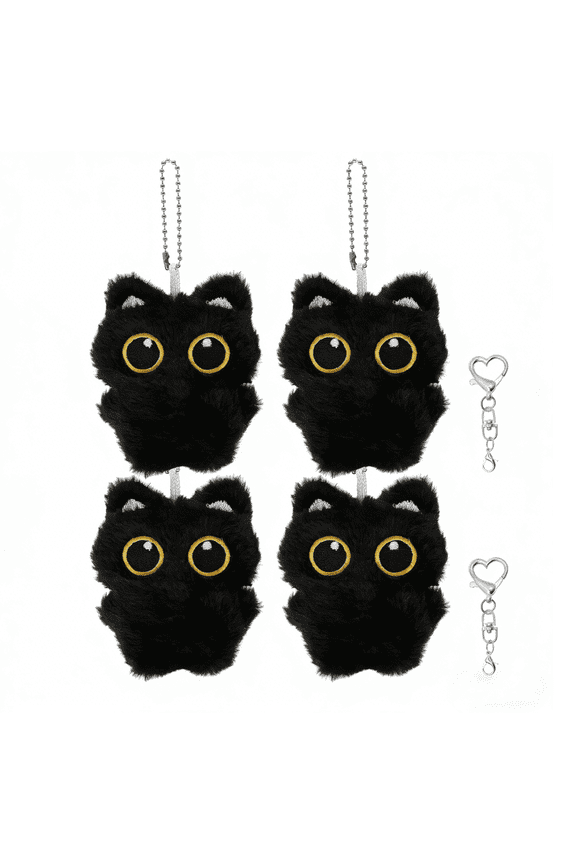 4PCS Plush Black Cat Shape Bag Charm Lightweight Unique Black Cat Style Keychain Accessories for Handbag Backpack Purse